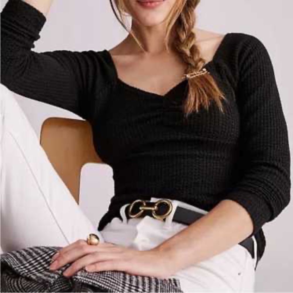 Maeve By Anthropologie Black Textured Sweetheart Long Sleeve Top Sz XS